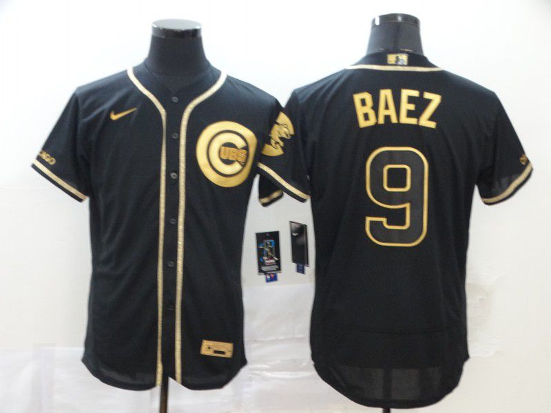 Men Chicago Cubs #9 Baez Black Retro gold character Nike MLB Jerseys